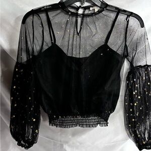 Peach‎ Couture Black Sheer Blouse with Gold Highlights